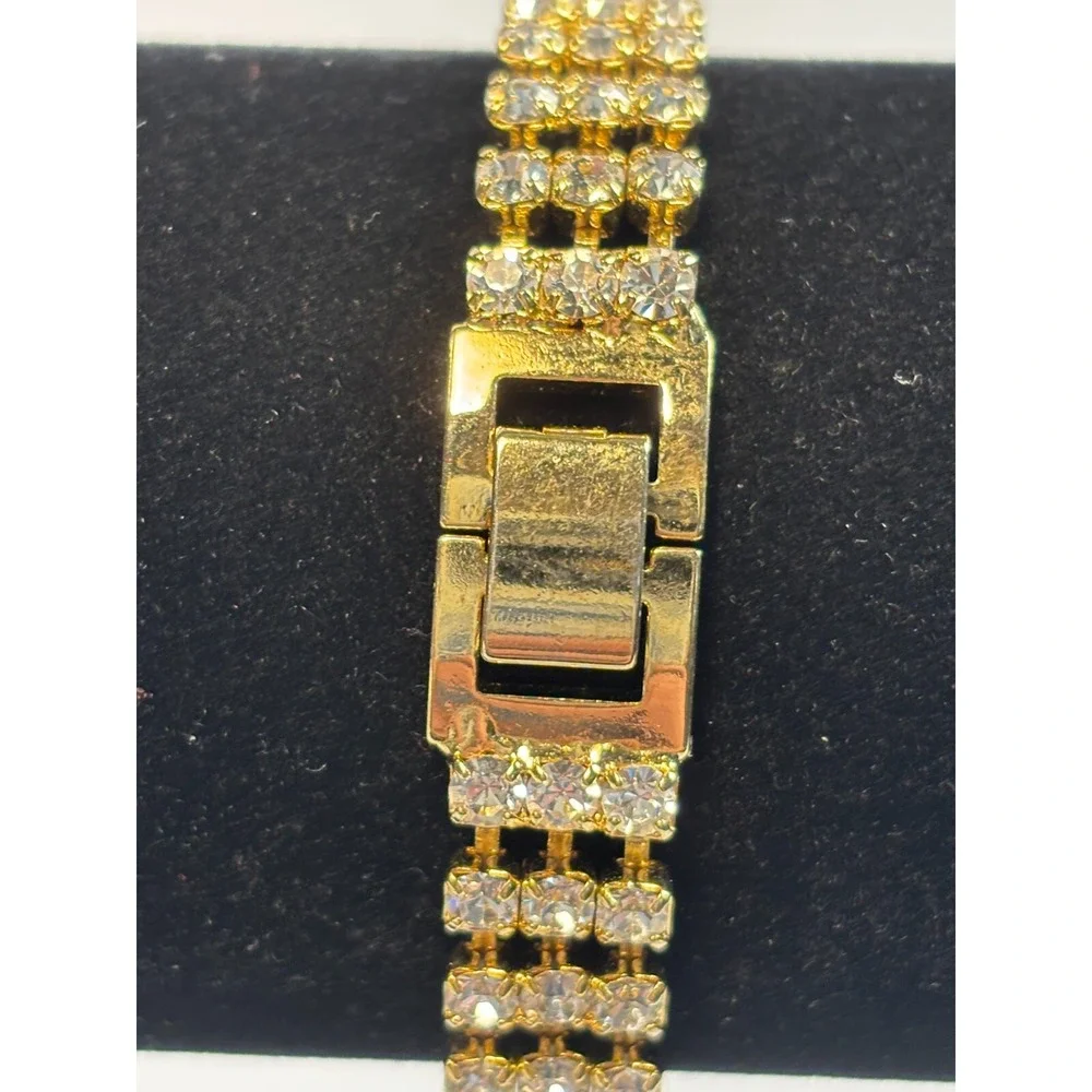 Vintage Gold Tone Bracelet Clear Rhinestone‎ Triple Row Elegant Jewelry